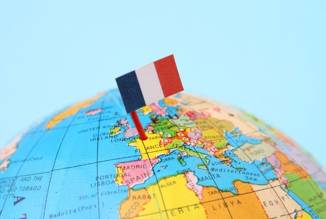 Non-European patients seeking medical treatment in France : world map with France in the middle topped with a tricolor flag.