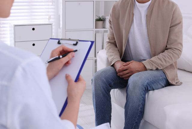 Ist : test gratuit pour les mst chez les moins de 26 ans. Image anonyme d'un homme dans un cabinet médical avec un soignant.